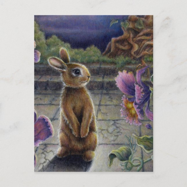 Carte Postale Lapin Lapin et Fleurs Nuit Rêver (Devant)