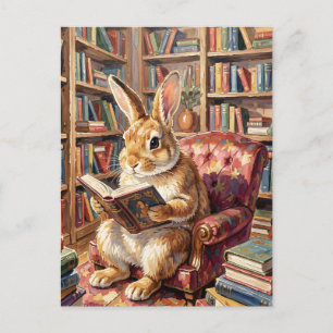 Carte Postale Lapin lisant un livre dans une pièce confortable p