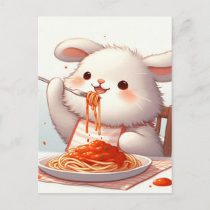 Carte Postale Lapin Mangeant Spaghetti