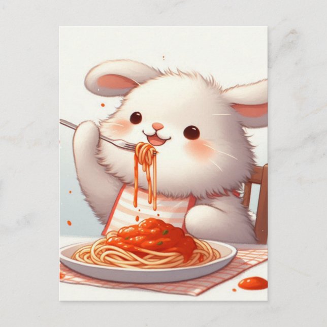 Carte Postale Lapin Mangeant Spaghetti (Devant)