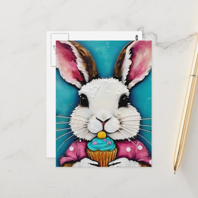 Carte Postale Lapin mignon avec un Cupcake (Devant/Arrière en situation)