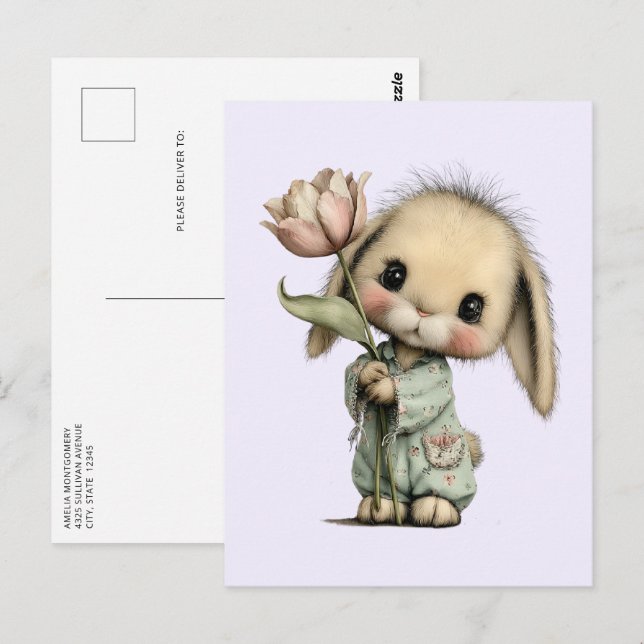 Carte Postale Lapin mignon tenant une Tulipe (Devant / Derrière)