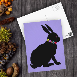 Carte Postale Lapin noir assis en Silhouette Jolie Fleurs