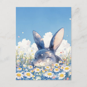 Carte Postale Lapin Noir Heureux dans la Prairie de la Marguerit