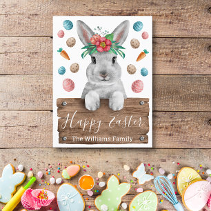 Carte Postale lapin pâque joyeux avec panneau en bois et oeufs