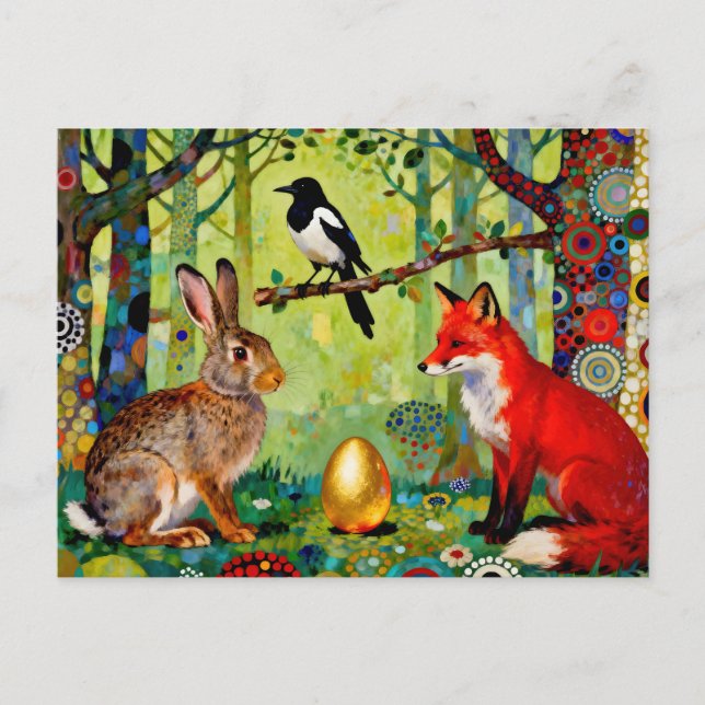 Carte Postale Lapin, Pie, Renard et « Le Secret de la Forêt » (Devant)