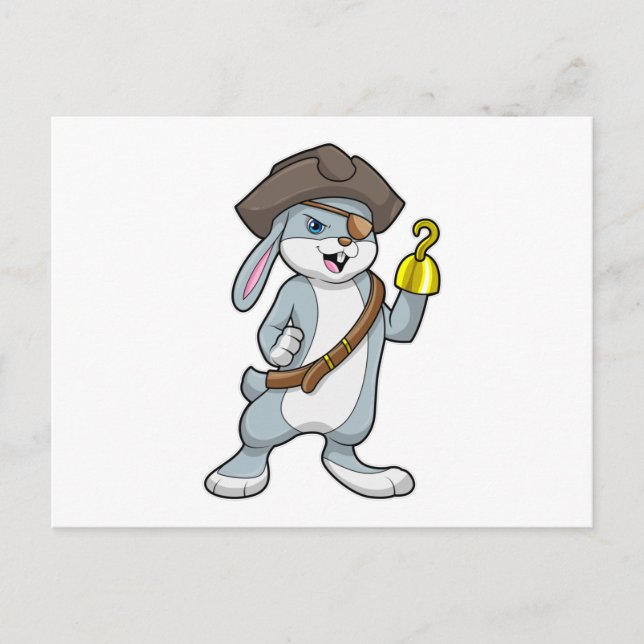 Carte Postale Lapin pirate avec main crochet et chapeau de pirat (Devant)