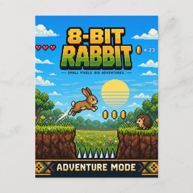 Carte Postale Lapin, Rétro Pixel Art 8 Bits (Devant)