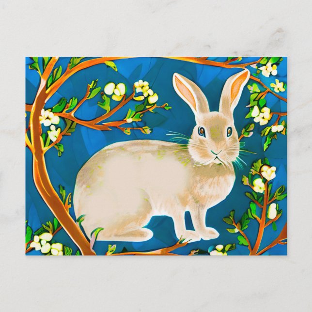 Carte Postale Lapin sauvage et branches fleuries (Devant)