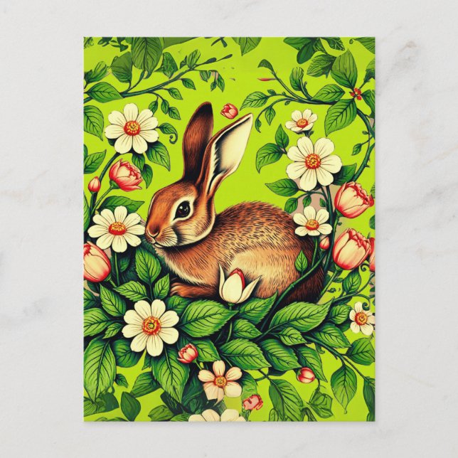 Carte Postale Lapin sauvage et fleurs Art nouveau (Devant)