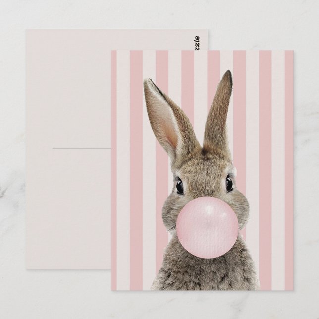 Carte Postale Lapin soufflant du bubble gum avec des rayures de  (Devant / Derrière)