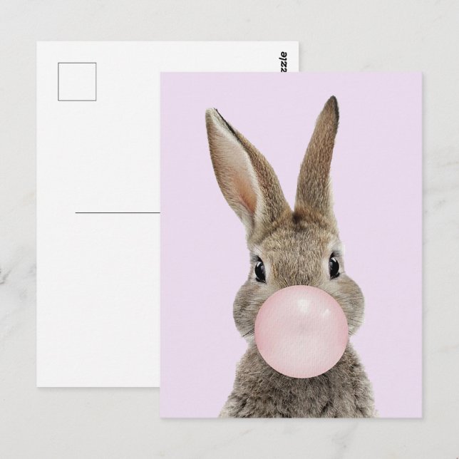 Carte Postale Lapin soufflant du bubble gum rose (Devant / Derrière)