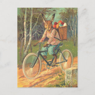 Carte Postale Lapin sur son vélo livrant des oeufs !