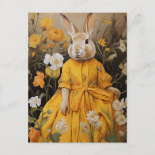 Carte Postale Lapin surréaliste en robe et fleurs jaunes