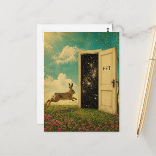 Carte Postale Lapin surréaliste s'échappe du portail de sortie