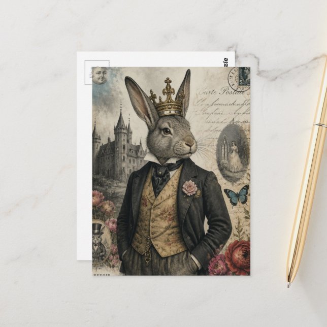 Carte Postale Lapin vintage dans une couronne (Devant/Arrière en situation)