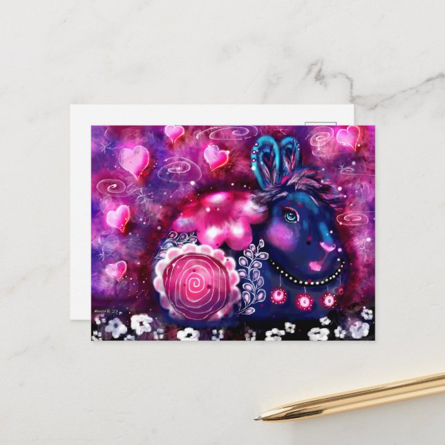 Carte Postale Lapin Whimsical 'Lapin Glamour' Rose Violet (Devant/Arrière en situation)