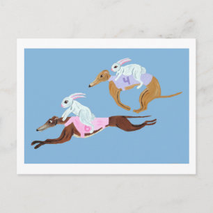 Carte Postale Lapins chevauchant des Greyhounds
