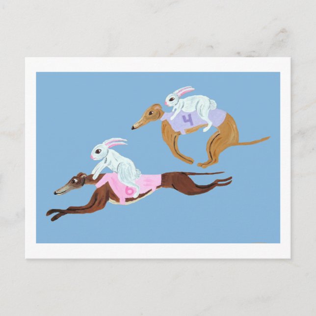 Carte Postale Lapins chevauchant des Greyhounds (Devant)