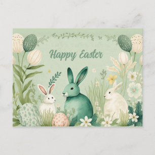 Carte Postale Lapins de Pâques dans un jardin printanier menthe
