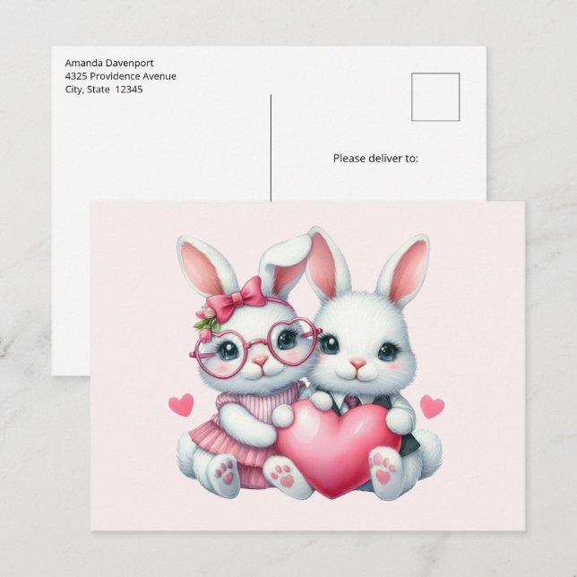 Carte Postale Lapins mignons partageant un cœur (Devant / Derrière)