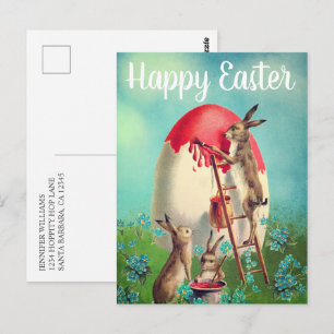 Carte Postale Lapins vintage peignant un œuf de Pâques Joyeuses 