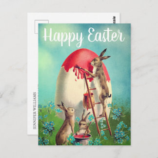 Carte Postale Lapins vintage peignant un œuf de Pâques Joyeuses 