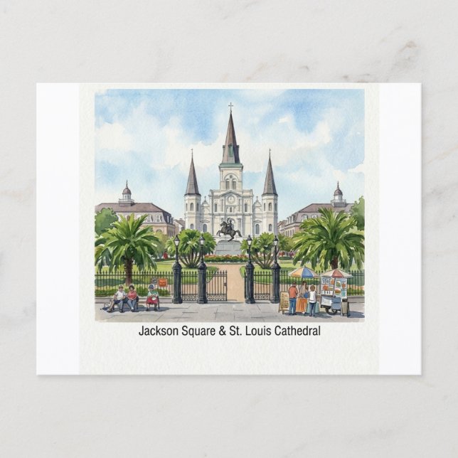 Carte Postale Laquarelle de la Nouvelle-Orléans - Jackson Square (Devant)