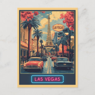 Carte Postale Las Vegas Cityscape avec Tour Eiffel - Rétro