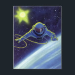 Carte Postale L'astronaute de science-fiction vintage sur une ma<br><div class="desc">Illustration vintage des planètes de science-fiction futuriste dans l'image spatiale. Un dessin classique de bande dessinée avec un astronaute sci fi rétro sur une promenade spatiale et flottant dans l'espace sur la terre avec une lune brillante ou le soleil derrière lui dans le ciel nocturne avec des étoiles.</div>