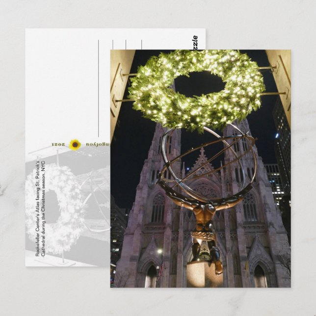 Carte Postale L'Atlas et la Cathédrale Saint Patrick, Noël, New  (Devant / Derrière)