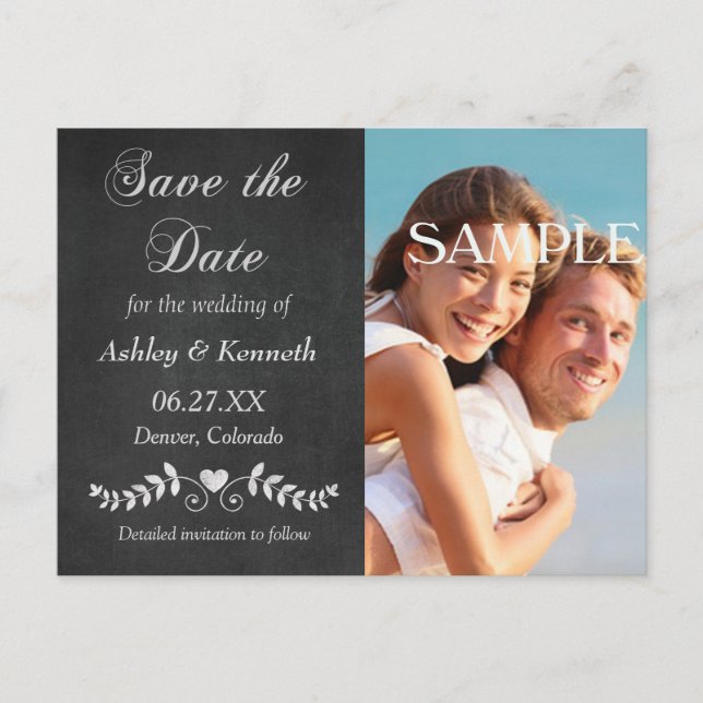 Carte Postale Laurel Leaf Heart Chalkboard Save the Date (Devant)
