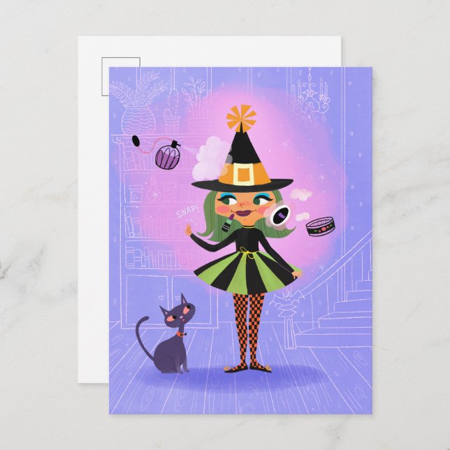 Carte Postale Lavande de sorcière verte d'Halloween et rose (Devant / Derrière)