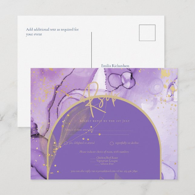 Carte Postale Lavande d'encre violette et mariage violet or RSVP (Devant / Derrière)
