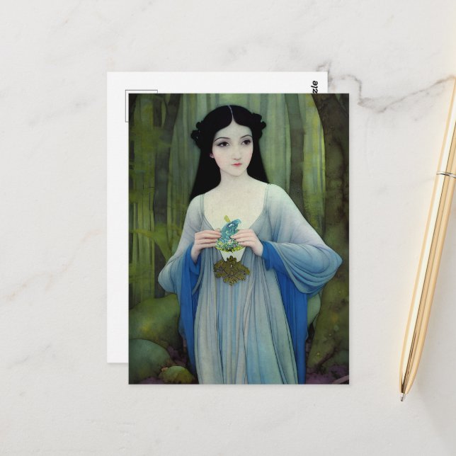 Carte Postale Lave-encre illustration de la belle femme à Woods (Devant/Arrière en situation)