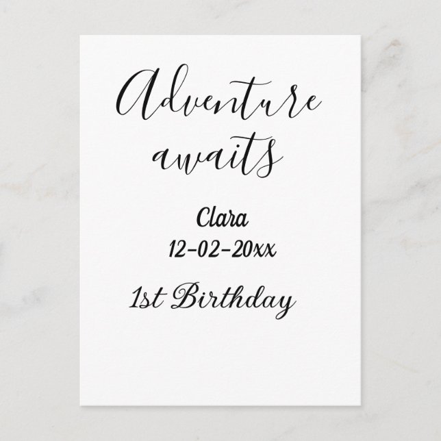Carte Postale L'aventure attend joyeux 1er anniversaire nom date (Devant)