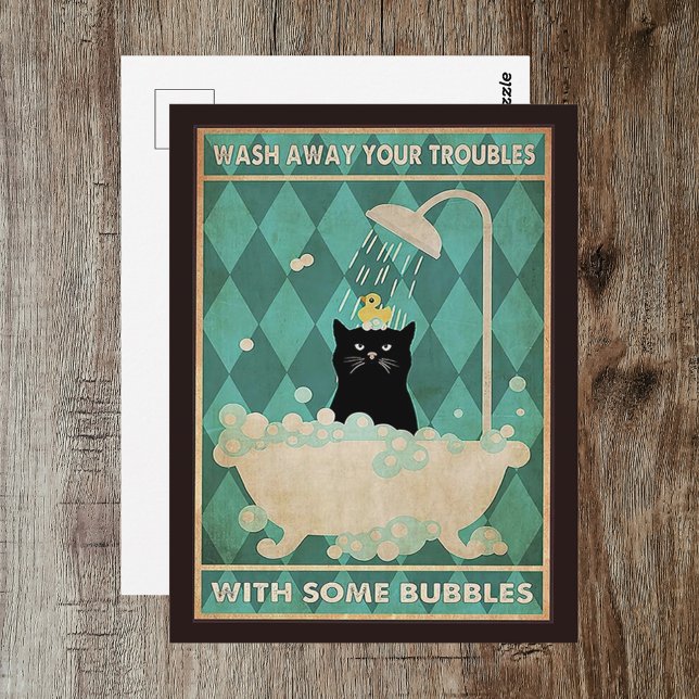 Carte Postale Lavez vos ennuis - Joli chat mieux bientôt  (Wash Away Your Troubles - Cute Cat Get Well Postcard
)