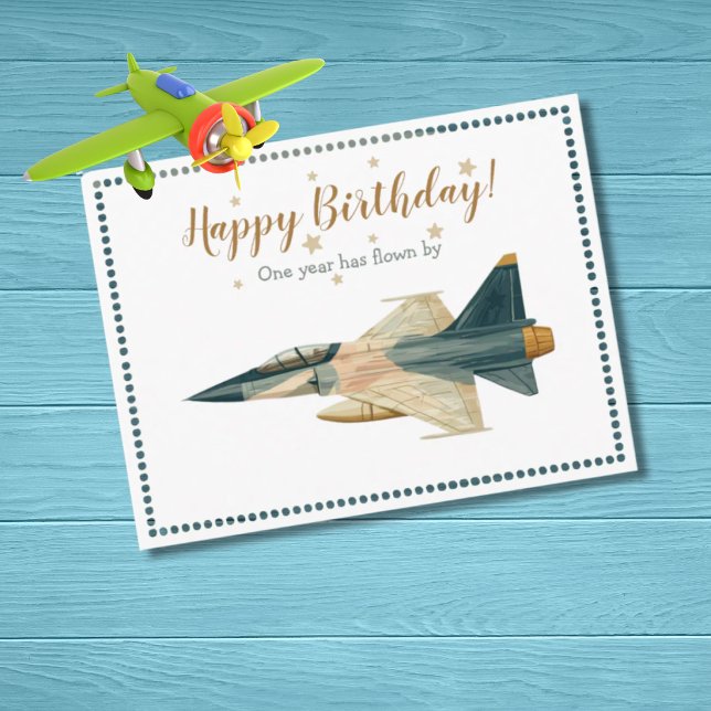 Carte Postale L'avion de chasse Time Flies garçon premier annive (Créateur téléchargé)