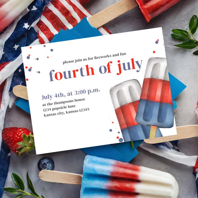 Carte Postale Le 4 Juillet Rouge Blanc et Bleu Popsicle d'été (Fourth of July Red, White, and Blue summer party invitation postcard. )
