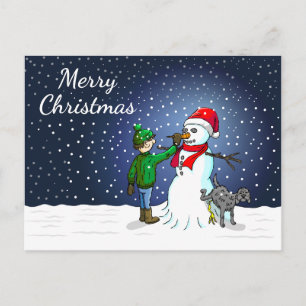 Carte Postale Le bonhomme de neige, le chien et le garçon sur un