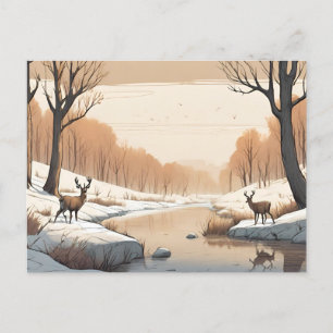 Carte Postale Le cerf au bord de la rivière Faune Paysage hivern