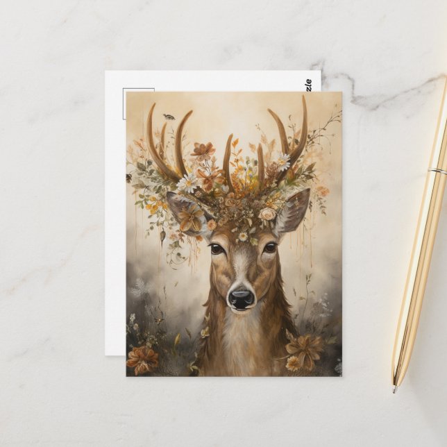Carte Postale Le cerf mignon dans une couronne florale (Devant/Arrière en situation)