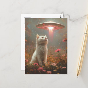 Carte Postale Le chat blanc et un OVNI