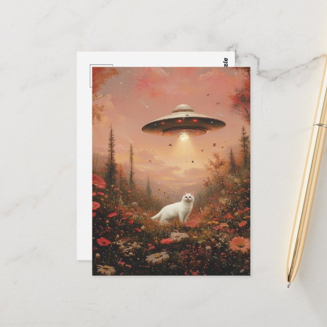 Carte Postale Le chat blanc et un OVNI (Devant/Arrière en situation)