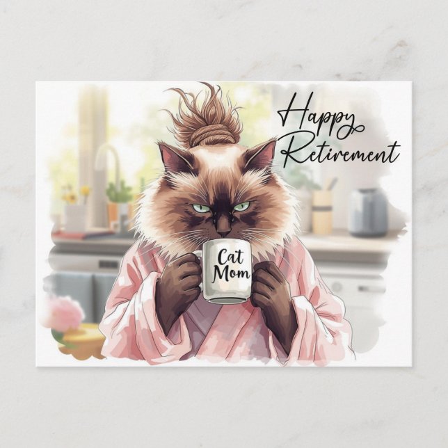 Carte Postale Le chat boit du thé Bonne retraite (Devant)