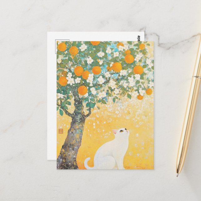 Carte Postale Le chat et l'oranger (Devant/Arrière en situation)
