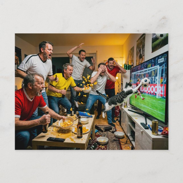 Carte Postale Le chat interrompt la soirée de football (Devant)
