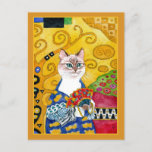 Carte Postale Le chat mignon d'or de Gustav Klimt avec la fan<br><div class="desc">C'est un charrier de la peinture de portrait de Gustav Klimt de la "femme avec une fan."  Ma version comporte un chat.  Vous pouvez changer la couleur de frontière si vous voudriez.  Cette image est également disponible sur d'autres produits dans mon magasin de Zazzle.</div>