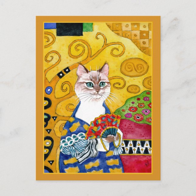 Carte Postale Le chat mignon d'or de Gustav Klimt avec la fan (Devant)
