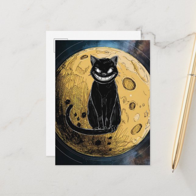 Carte Postale Le chat noir sourit sur la lune (Devant/Arrière en situation)